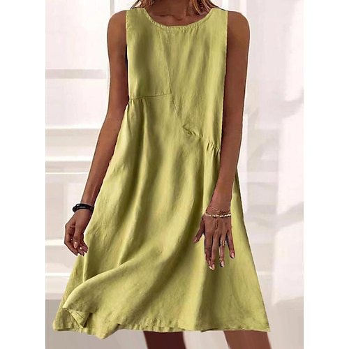 

Robe casual Robe en coton et lin Femme Robe mi-longue Lin Mélange de Coton basique Décontractées Extérieur du quotidien Vacances Col Ras du Cou Poche Sans Manches Eté Printemps 2023 Ample Bleu Vert