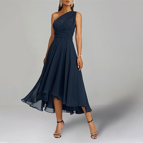 

A-Line Blue Wedding Guest Dresses Convertible Infinity Mother Dress Formal Tea Length Sleeveless One Shoulder Chiffon with Ruched 2023
