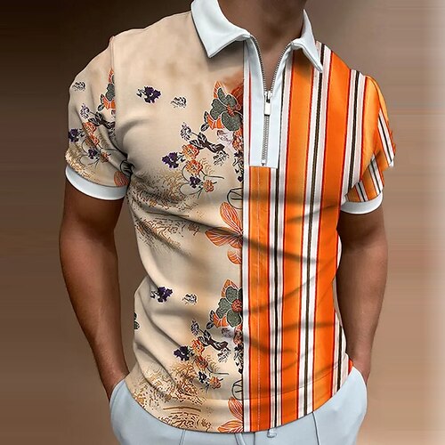 

Herre POLO Trøje Golftrøje Zip Polo Blomstret Stribet Grafiske tryk Aftæpning Orange udendørs Gade Kort Ærme Lynlås Trykt mønster Tøj Mode Designer Afslappet Åndbart