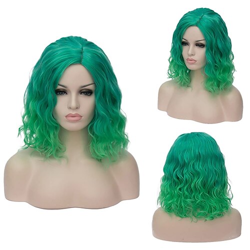 

kvinder grøn cosplay paryk medium længde krøllet bølge limegrønne parykker varmebestandige syntetiske farverige parykker st patricks day halloween kostume fest bob paryk