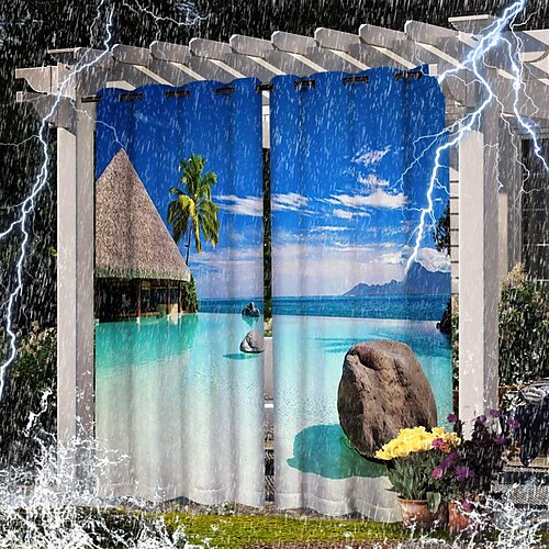 

2 Paneele Outdoor-Vorhang, wasserdicht, verschiebbare Terrassenvorhänge, Pergola-Vorhänge, Öse, 3D-Waldlandschaft für Pavillon, Balkon, Veranda, Party
