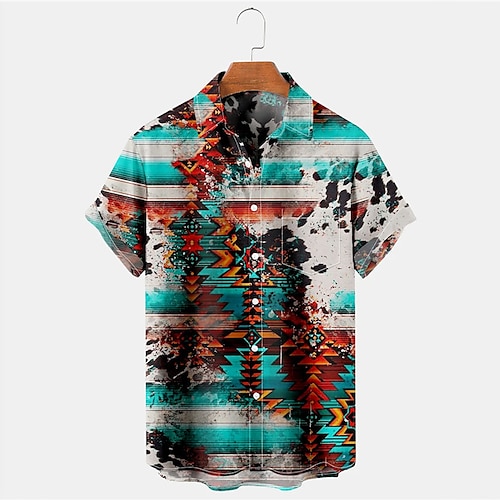 

Homens Camisa Social Camisa havaiana Tribal Geometria Aberto para a Lateral Azul Rua Casual Manga Curta Botão para baixo Imprimir Roupa Tropical Moda Roupa de rua Havaiana