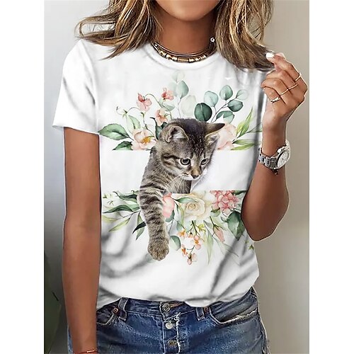 

Women's T shirt Tee White Cat Print Short Sleeve Home Casual Basic Round Neck Regular 3D Cat S