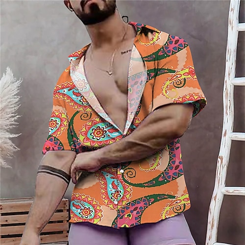 

Hombre Camisa Floral Estampados Cuello Vuelto Azul Piscina Morado Naranja Verde Trébol Calle Casual Mangas cortas Abotonar Estampado Ropa Tropical Moda Boho Design