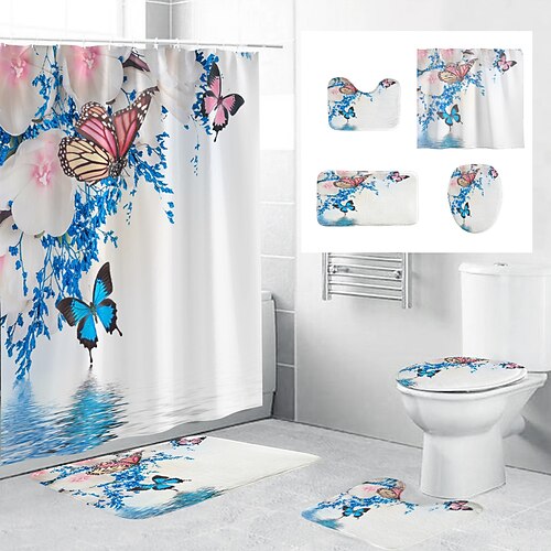 4Pcs Shower Curtain Set with Rug Toilet Lid Cover Sets with Non