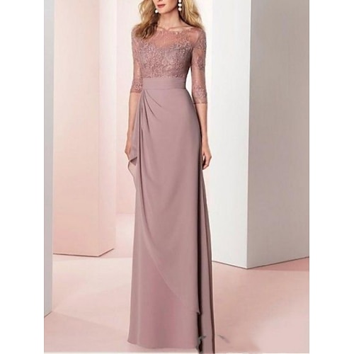 

Tube / kolonne Kjole til brudens mor Formel Fest Elegant Scoop hals Gulvlang Chiffon Blondelukning Halvlange ærmer med Plissé Ruche 2023