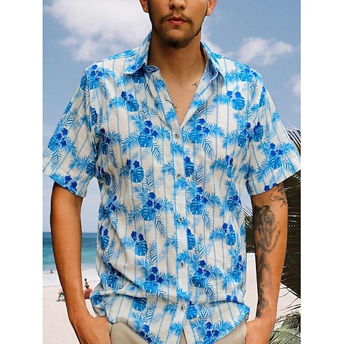 

Herren Hemd Hawaiihemd Sommerhemd Grafik-Drucke Blätter Umlegekragen Blau Outdoor Strasse Kurze Ärmel Button-Down Bedruckt Bekleidung Sport Modisch Strassenmode Designer