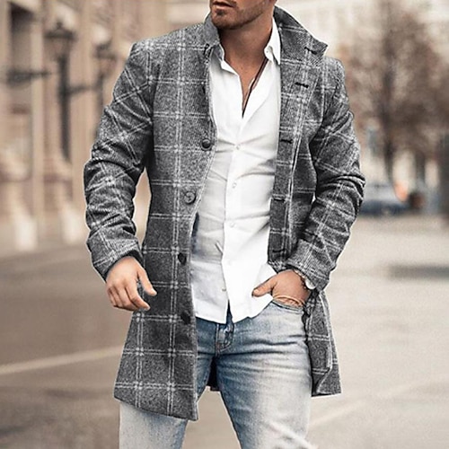 

Men's Winter Coat Overcoat Coat Business Casual Fall Winter Polyester Thermal Warm Outerwear Clothing Apparel Sporty Plaid / Check Quilted Turndown Single Breasted