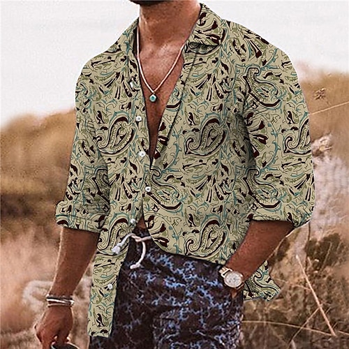 

Hombre Camisa Floral Estampados Cuello Vuelto Caqui Gris Exterior Calle Manga Larga Abotonar Estampado Ropa Tropical Moda Boho Design