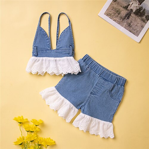 

2 deler Baby Jente Barnas Dag Helfarge Halter Tank Top & Shorts Set Sett Ermeløs Tropisk utendørs 3-7 år Vår Blå