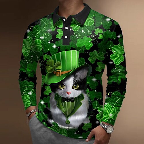 

Herre POLO Trøje Golftrøje Kat Saint Patrick Day St. Patrick's dag Clover Aftæpning Grøn udendørs Gade Langærmet Knap ned Trykt mønster Tøj Mode Gade Designer Blødt