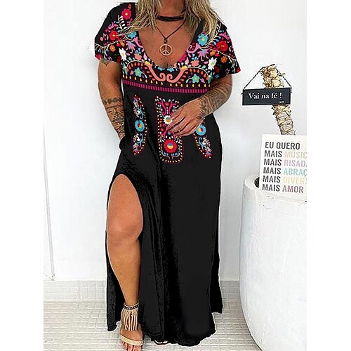 

Dame Store størrelser Uformell kjole Skiftkjole Blomstret Lang kjole Maxikjole Kortermet Delt Trykt mønster V-hals Mote Daglig Svart Gul Vår Sommer L XL XXL 3XL 4XL
