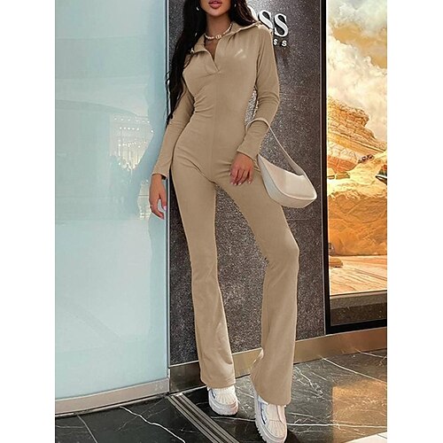 

Damen Jumpsuit Hohe Taillenlinie Feste Farbe Hemdkragen Strassenmode Urlaub Strasse Festtage Regular Fit Langarm Schwarz Aprikose S M L Frühling