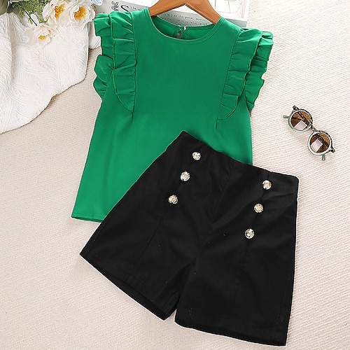 2 Pieces Kids Girls' Solid Color Shorts Suit Set Short Sleeve Active Casual Cotton 7-13 Years Summer Red Green
