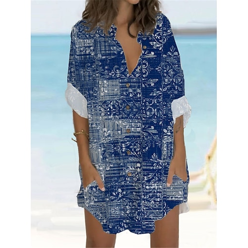 

Per donna Abito chemisier Abito casual Vestito a trapezio Mini abito Esterno Giornaliero Da mare Poliestere Informale Vintage retrò Colletto alla coreana Pulsante Tasche Manica lunga Estate Primavera