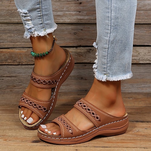 

Women's Sandals Slippers Wedge Sandals Comfort Shoes Comfort Sandals Casual Daily Beach Summer Spring Cut Out Embroidery Wedge Heel Round Toe Casual Minimalism Synthetics Loafer Solid Colored Wine