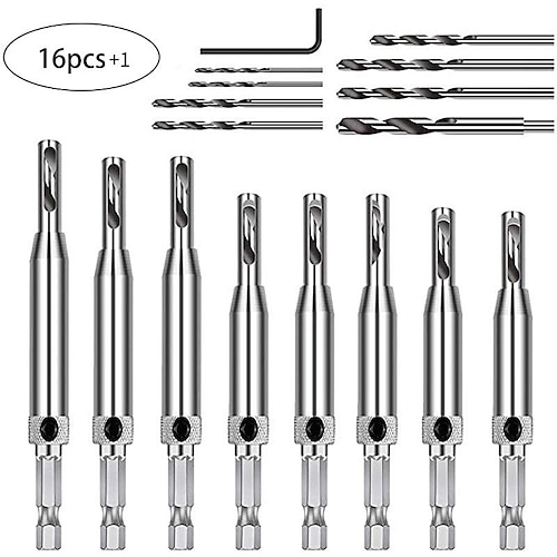 

Juego de brocas autocentrantes de 17 piezas, juego de brocas autocentrantes de vástago hexagonal de 1/4 para bisagra de puerta de ventana de carpintería, cambio rápido con 1 llave hexagonal y 8 brocas de 5/64-1/4
