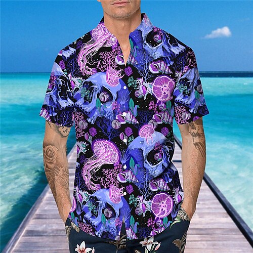 

Homme Chemise Chemise hawaïenne Crânes Imprimés Photos Col rabattu Violet du quotidien Vacances Manches courtes Bouton bas Imprimer Vêtement Tenue Tropique Mode Vêtement de rue Hawaïen