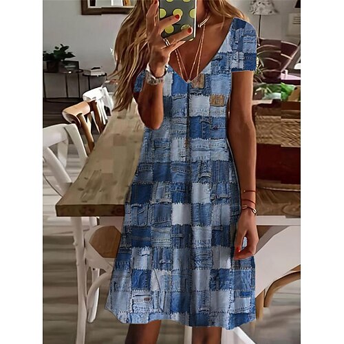 

Per donna Vestito casual Abito stampato Fantasia geometrica Color Block Stampa A V Mini abito Attivo Di tendenza Esterno Giornaliero Manica corta Standard Blu Primavera Estate S M L XL XXL