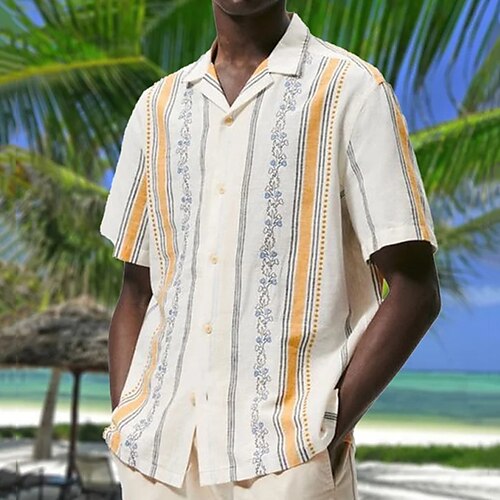 

Herre Skjorte Hawaii skjorte Button Up skjorte Sommer skjorte Casual skjorte Gul Kortærmet Stribe Grafiske tryk Boheme Lejrhalsbånd Gade Daglig Tøj Mode Afslappet