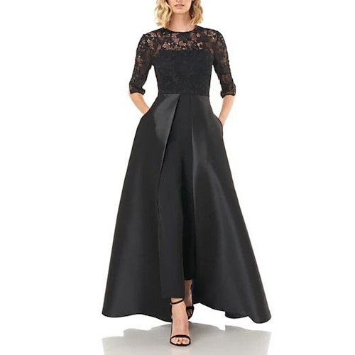 

Pantsuit Kjole til brudens mor Formel Bryllupsgæst Fest Sexet Høj halset Ankellængde Satin Blondelukning Halvlange ærmer med Plissé 2023
