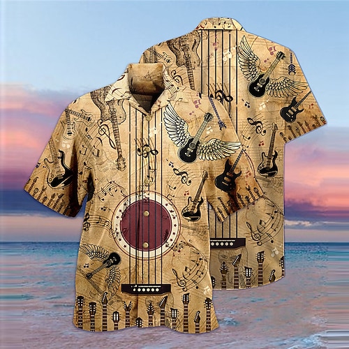 

Herren Hemd Hawaiihemd Sommerhemd Vintage Hawaiihemden Grafik-Drucke Gitarre Umlegekragen Khaki Casual Hawaiianisch Kurzarm Button-Down Bedruckt Bekleidung Tropisch Modisch Hawaiianisch Weich