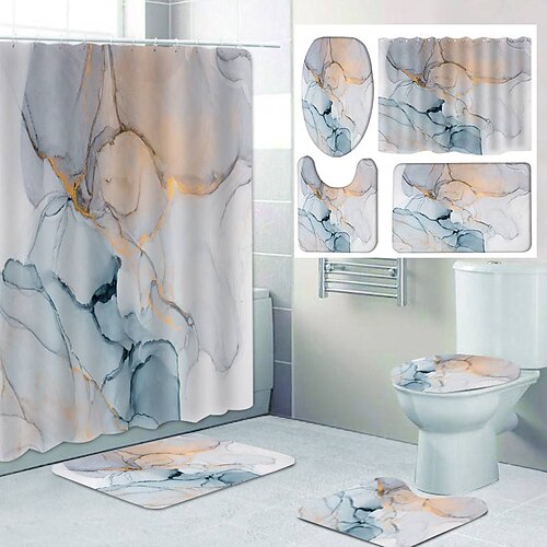 

4Pcs Shower Curtain Set with Rug Toilet Lid Cover Sets with Non-Slip Rug Bath Mat for Bathroom, Natural Marble Pattern,Waterproof Polyester Shower Curtain with 12 Hooks,Bathroom Decoration