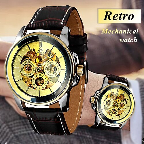 

Retro-Stil Männer automatische mechanische Uhr Skelett Steampunk echtes Lederband Herren-Armbanduhren mit Selbstaufzug