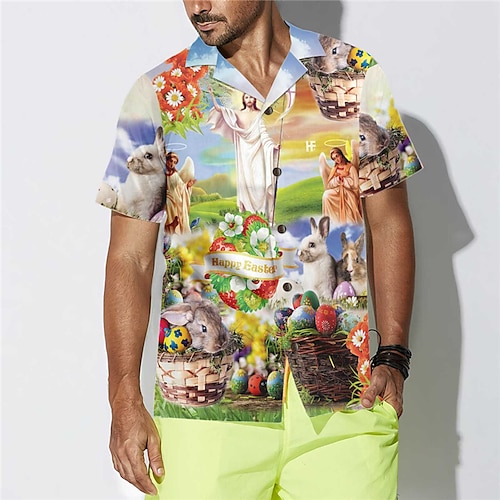 

Men's Shirt Summer Hawaiian Shirt Rabbit Graphic Prints Easter Jesus Turndown Blue Casual Holiday Short Sleeve Button-Down Print Clothing Apparel Tropical Fashion Hawaiian Soft