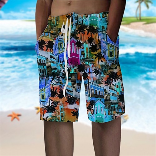 

Men's Shorts Beach Shorts Baggy Shorts Drawstring Elastic Waist Graphic Building Breathable Soft Short Casual Daily Holiday Streetwear Hawaiian Yellow Blue Micro-elastic