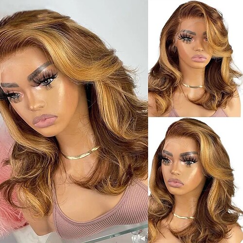 

Ubearbeidet jomfruhår 13x4 blonder foran Parykk Kort bob Brasiliansk hår Bølget Flerfarvet Parykk 130% 150% Hair Tetthet med baby hår Naturlig hårlinje 100% Jomfru Med Blekt Knotter Pre-Plucked Til