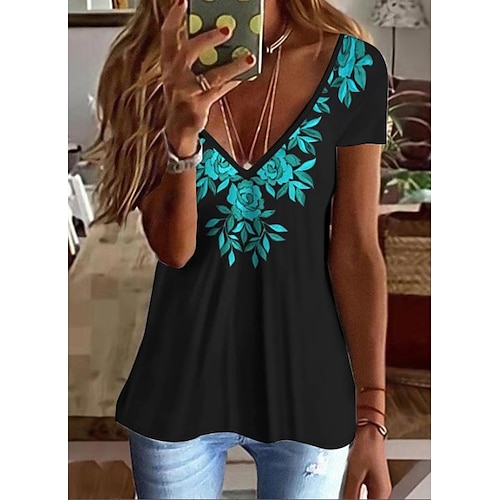 

T shirt Tee Femme Noir Floral Imprimer Manche Courte Vacances Fin de semaine basique Col V Normal Standard Fleur Peinture S