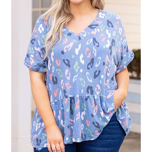 

Women's Shirt Blouse Blue Graphic Ruffle Flowing tunic Short Sleeve Casual Basic V Neck Regular Plus Size XL