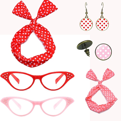 

6er-Pack 1950er Set Polka Dots Bandana Krawatte Stirnband Schal Cat Eye Brille Perlenkette Armband Ohrringe