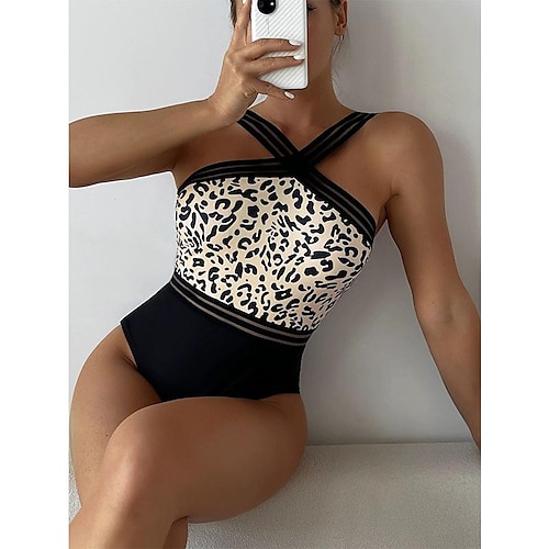 

Women's Swimwear One Piece Normal Swimsuit Printing Leopard Print Black Bodysuit Bathing Suits Sports Summer