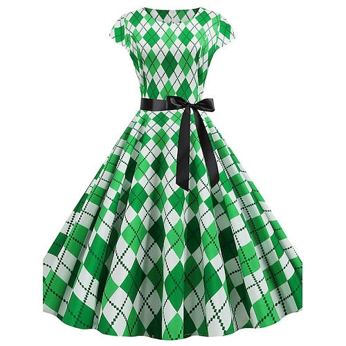 

Per donna Elegante Retrò Abito vintage Vestito longuette Esterno Per eventi Con fiocco Stampa A quadri Girocollo Manica corta Standard Estate Primavera 2023 Bianco Verde chiaro S M L XL