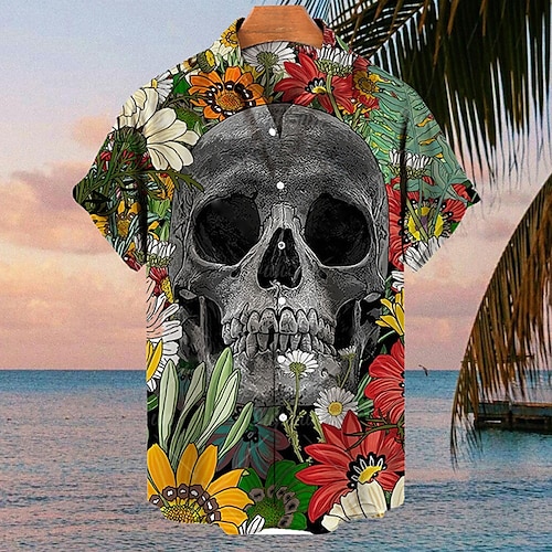 

Hombre Camisa camisa hawaiana Floral Cráneos Estampados Cuello Vuelto Gris Exterior Calle Mangas cortas Abotonar Estampado Ropa Deportes Moda Ropa de calle Design