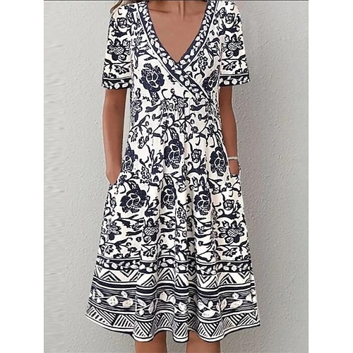 

Mujer Vestimenta casual Vestido de verano Vestido bohemio Floral Frunce Bolsillo Escote en Pico Mini vestido Moda Ropa de calle Exterior Diario Manga Corta Ajuste regular Azul Oscuro Verano Primavera