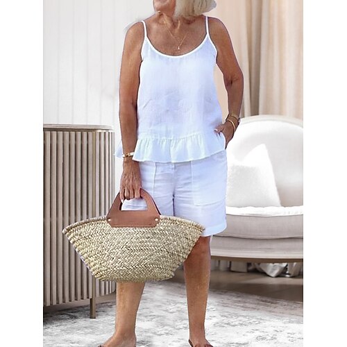 

Dame Loungewear Sæt Ren farve Basale Enkel Afslappet Hjem Daglig Ferierejse Polyester Åndbart Remme Uden ærmer Strop Top Shorts Lomme Forår Sommer Hvid