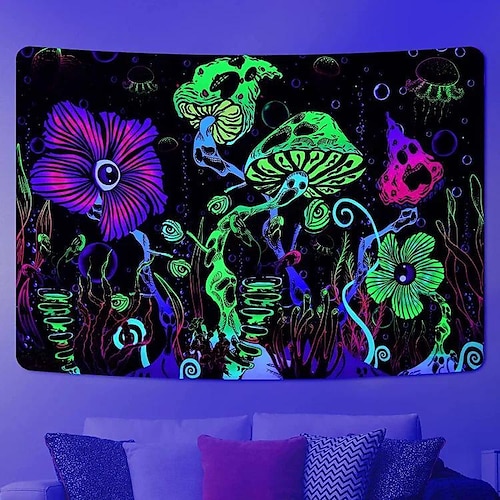 

trippy champignon noir lumière tapisserie uv réactif psychédélique fleur dortoir salon art décoration tenture murale tissu