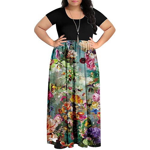 

Dame Plusstørrelser Hverdagskjole A Linje Kjole Blomstret Lang kjole Maxikjole Kortærmet Krøllede Folder Trykt mønster Rund hals Romantik Stævnemøde Sort Blå Forår Sommer L XL XXL 3XL 4XL