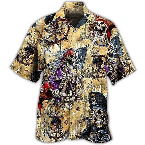 

Hombre Camisa camisa hawaiana Cráneos Estampados Pirata Collar Cubano Amarillo Casual Festivos Manga Corta Abotonar Estampado Ropa Tropical Moda Ropa de calle Hawaiano