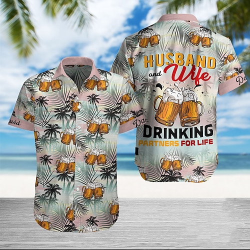 

Men's Shirt Summer Hawaiian Shirt Letter Graphic Prints Palm Tree Beer Turndown Gray Daily Holiday Short Sleeves Button-Down Print Clothing Apparel Tropical Fashion Streetwear Hawaiian