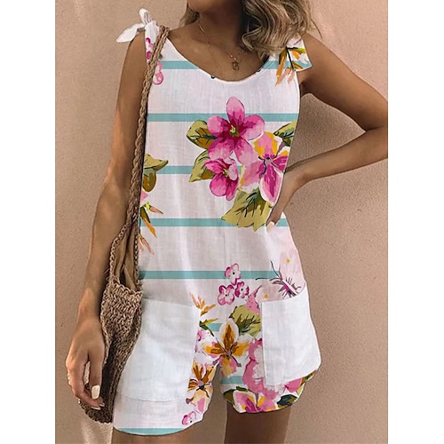 

Damen Kurz Jumpsuit Bedruckt Blumen Rundhalsausschnitt Brautkleider schlicht Urlaub Ausgehen Wochenende Lockere Passform Gurt Weiß S M L XL Frühling