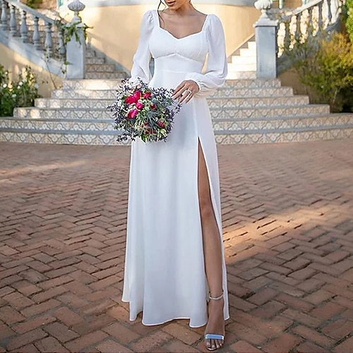 

Spiaggia / Destinazione Informale Abiti da sposa Lungo Linea-A Manica lunga Piazza Chiffon Con Spacco sul davanti Tinta unita 2023 Abiti da sposa