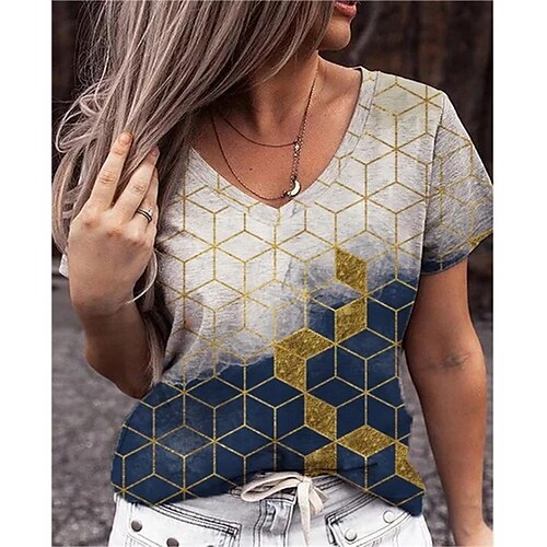 

Damen T Shirt Regenbogen Geometrisch Bedruckt Kurzarm Casual Täglich Basic V Ausschnitt Standard Geometrisch S