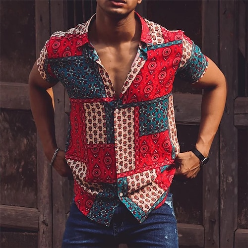 

Homens Camisa Social Camisa havaiana Bloco de cor Tribal Estampas Abstratas Geometria Aberto para a Lateral Vermelho Casual Feriado Manga Curta Botão para baixo Imprimir Roupa Tropical Moda Havaiana