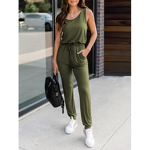 

Damen Jumpsuit Tasche Feste Farbe Rundhalsausschnitt Basic Brautkleider schlicht Täglich Urlaub Regular Fit Ärmellos Schwarz Armeegrün Leicht Braun S M L XL Frühling