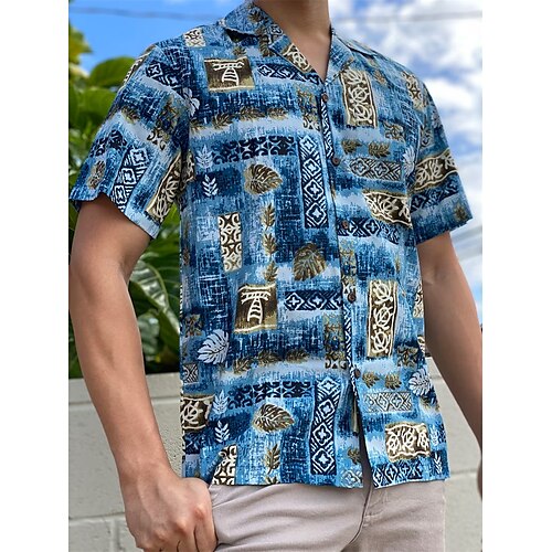 

Hombre Camisa camisa hawaiana Tribal Estampados Cuello Vuelto Azul Piscina Caqui Casual Festivos Manga Corta Abotonar Estampado Ropa Tropical Moda Hawaiano Suave