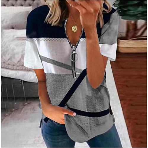 

Damen T Shirt Weinrot Blau Purpur Geometrisch Viertel Postleitzahl Bedruckt Kurzarm Casual Basic V Ausschnitt Standard Geometrisch S